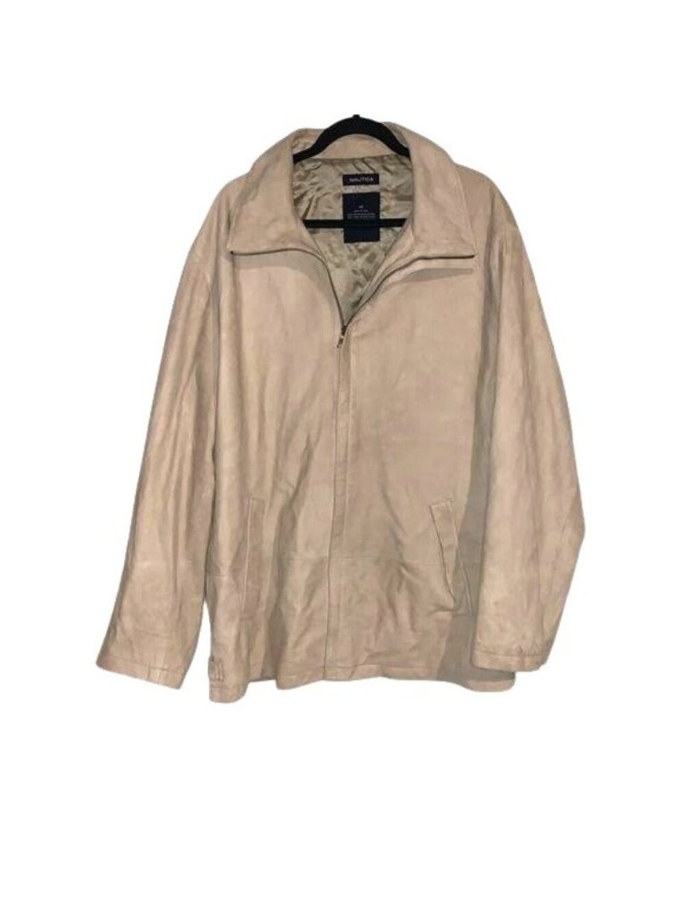 Nautica Beige Genuine Leather Jacket Mens 48 Zip Front Polyester Lining Stylish